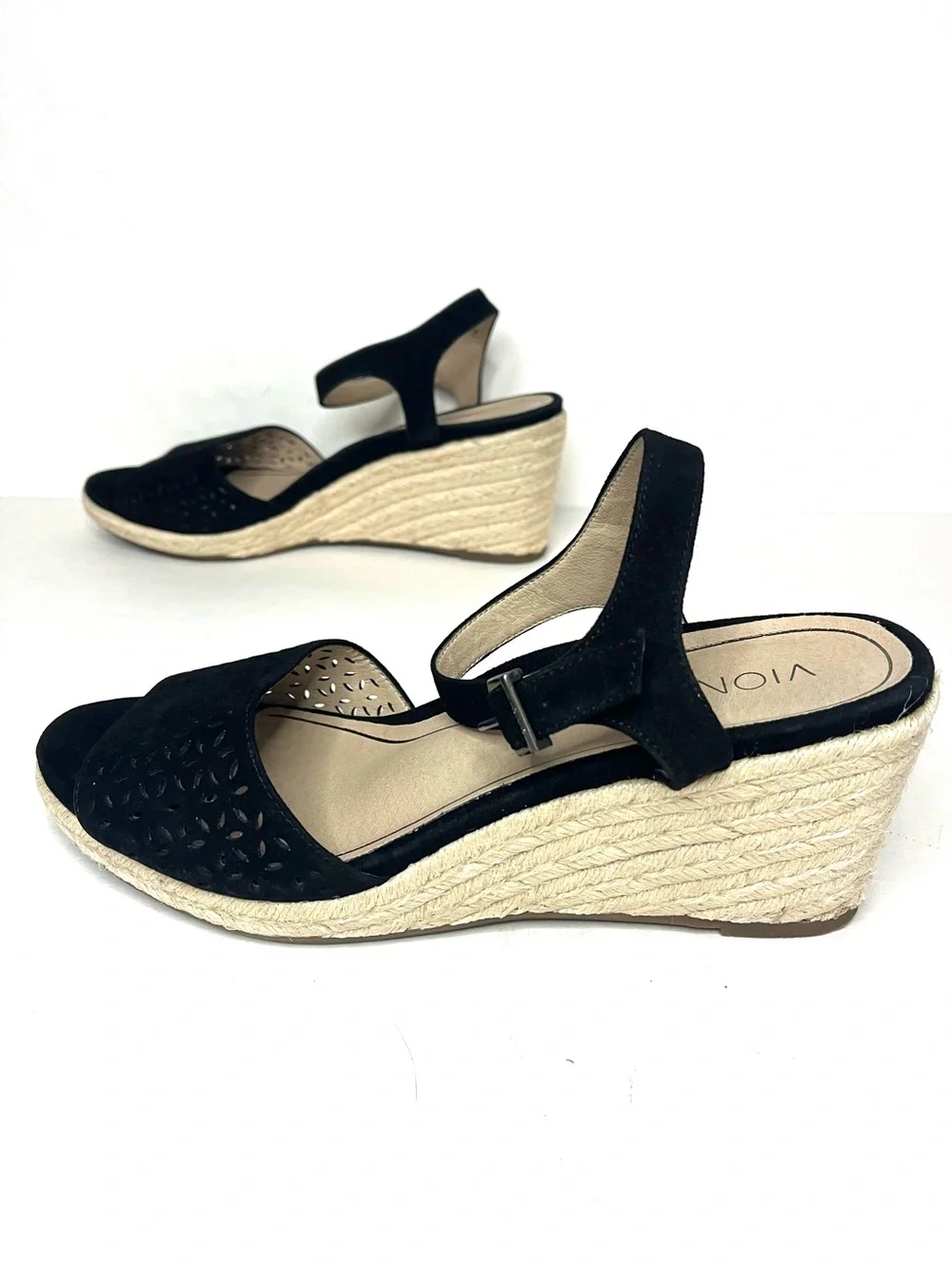 Vionic Ariel Black Suede Supportive Espadrille Wedge Sandal - Size 11